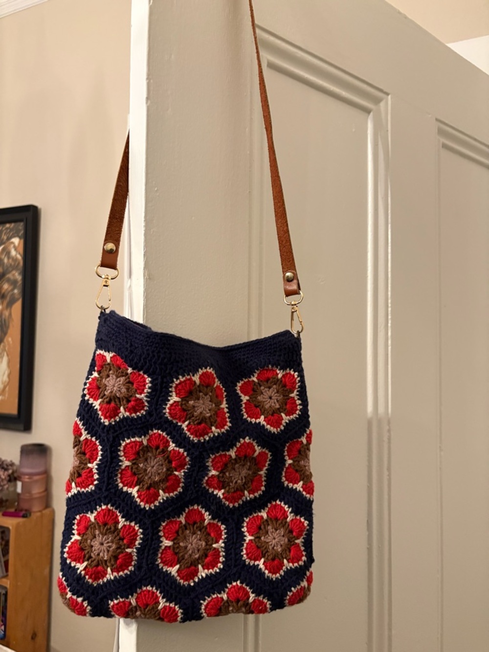 Kedito - Handmade Navy Crochet Flower Shoulder Bag with Brown Strap